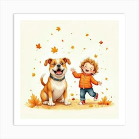 Watercolor Of A Bulldog And Child Having Fun In The Fall Leaves 1 Art Print