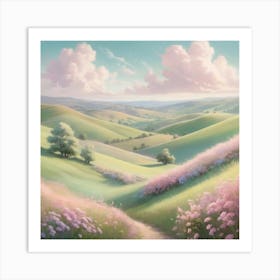 Soft and dreamy pastel-colored landscape with rolling hills, fluffy clouds, and blooming flowers. The scene should be whimsical and gentle, evoking a sense of peace and serenity. 3 Art Print