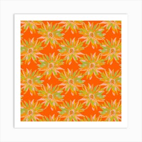 DAHLIA BURSTS Multi Abstract Blooming Floral Summer Bright Flowers in Orange Yellow Blush Lime Green on Orange Art Print