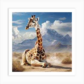 Giraffe Sitting In The Desert With Mountains And Clouds Background Art Print