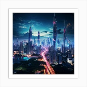 Bangkok Cityscape Set In A Futuristic Era Skyscrapers Ablaze With Neon Lights Merging Seamlessly W (2) Art Print