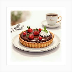 Watercolor Art Of A Rich And Creamy Chocolate Tart On A Modern Dining Table Art Print