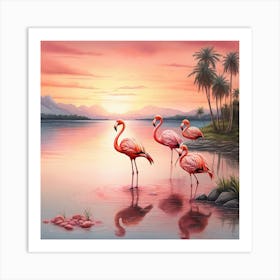 Flamingos At Sunset Art Print