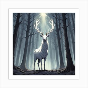 A White Stag In A Fog Forest In Minimalist Style Square Composition 34 Art Print