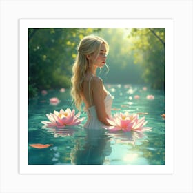 Beautiful Lady In A Watercolor Shimmering Pond 1 Art Print