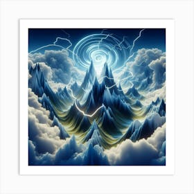 3 Dimensional Mountains With Multiple Green Lightning And White Swirls In A Vortex Of Clouds Art Print