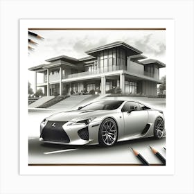 A Pencil Drawing Of A Lexus LFA In Front Of A Beautiful Modern Mansion 3 Art Print