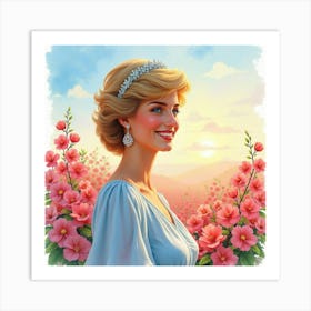 Princess Diana Smiling With Vivid Watercolor Blossoms And A Colorful Horizon Art Print