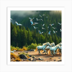 Wild Harmony: Horses and Birds Soaring Through the Forest Art Print