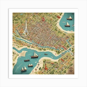 A Vintage Inspired Map Illustration Of A Famous City, With Detailed Landmarks And Retro Typography, Great For Printing On Art Prints And Postcards Art Print