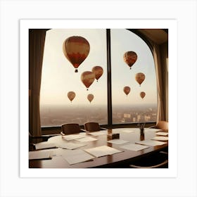 An Empty Conference Room With A Large Window Overlooking A Cityscape Art Print