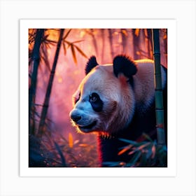 Closeup Of A Pandas Face Emerging From A Twilight Bamboo Forest Glowing Purple And Peach Hues Crea Art Print