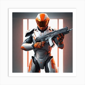 A Futuristic Warrior Stands Tall, His Gleaming Suit And Orange Visor Commanding Attention 6 Art Print