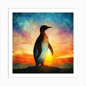 Silhouette Of A Penguin At Sunset Art Print