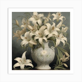 Imagine An Oil Painting Of A Victorian Era Porcelain Vase Filled With Delicate Lilies And Adorned Art Print