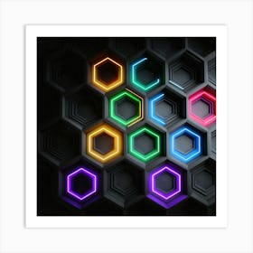 Hexagonal shapes with neon lights, futuristic, cyberpunk, background Art Print