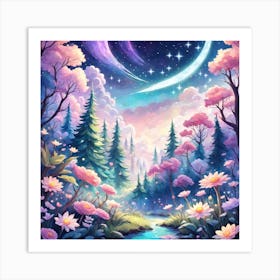 A Fantasy Forest With Twinkling Stars In Pastel Tone Square Composition 135 Art Print