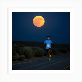 Maratonista Solitario Carriendo Con Luna Llena Art Print