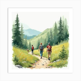 Watercolor Illustration Of An English Nature Walk With Hikers And Wildlife 1 Art Print