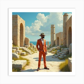 Trendy Man In Watercolor Suit, Enchanting Ancient Ruins 1 Art Print