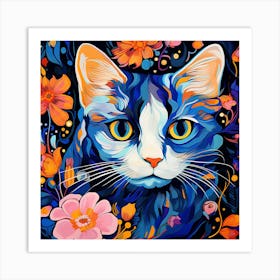 Blue Cat With Flowers Art Print