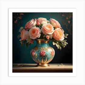 Firefly Vase, Roses, Peonies, Digital Art, Soft Lighting, Rich Colors, Floral Patterns, Intricate De (11) Art Print