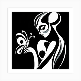 Demure Black & White Abstract Female Figure with Butterfly Art Print