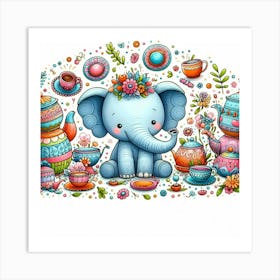 Elephant With Teapots 1 Art Print