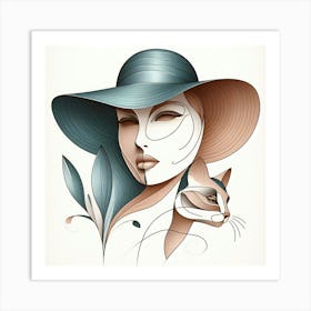 Woman In Hat And Her Cat - Color Minimal Line Drawing Art Print