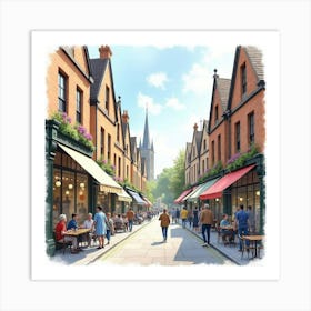 A Watercolor Of A Bustling English City Street With People Shopping And Dining 1 Art Print