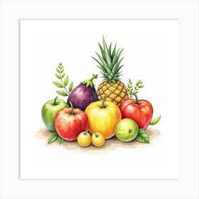 Charming Watercolor Artwork Of Assorted Fruits And Veggies In An Elegant Arrangement 1 Art Print