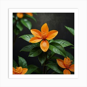 Orange Flowers On A Black Background Art Print