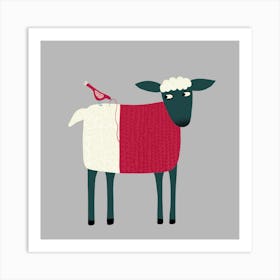 Sheep With Bird and Half a Knitted Jumper Art Print