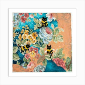 Vintage Floral Cats Art Print