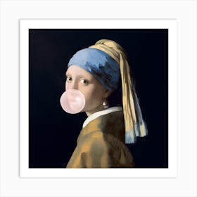 Blowing pink bubble gum Art Print