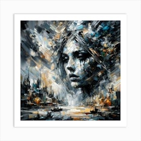 Brooding Woman Face in Abstract Cityscape Art Print