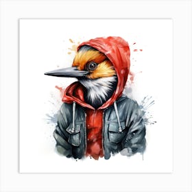 Watercolour Cartoon Woodpecker In A Hoodie Art Print