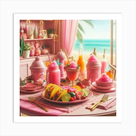 Pink Table At The Beach Art Print