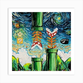 Super Mario Paintings Starry Night Van Gogh Art Print