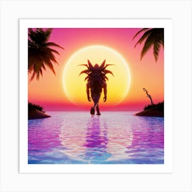 Futuristic Morphic Creature Basks In The Glow Of A Tropical Sunrise Silhouette Outlined Against The Art Print