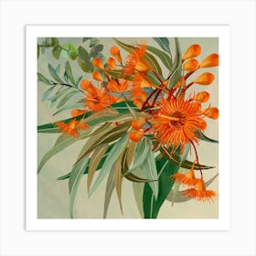 Orange Eucalypt Flowers And Leaves Square Art Print