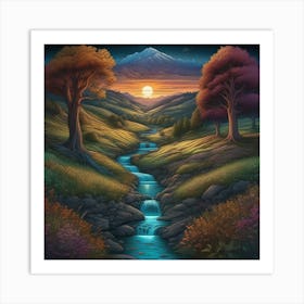 Beautiful Landscape With Stream Rolling Hills Trees Centered Symmetry Painted Intricate Volum Art Print