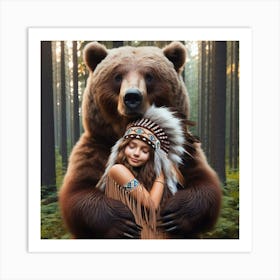 Indian Girl Hugging A Bear Art Print