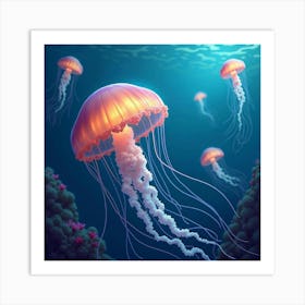 Jellyfish In A Reef Garden 1 Art Print