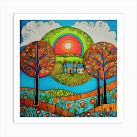 Art Drawing Trees And Birds Scene Folk Art Style I (4) Art Print