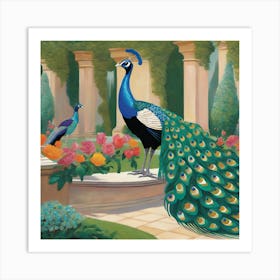 Peacocks in a Renaissance Garden Series. In Style of David Hockney 2 Art Print