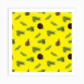 Pine Cones On Yellow Background Art Print