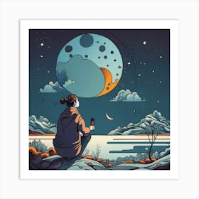 Girl Looking At The Moon Art Print