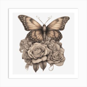 Butterfly And Roses Art Print