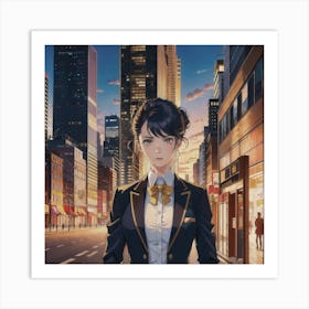 The Chic Business Suit: A Girl With Golden Eyes And An Updo Stands Tall In Front Of Urban Skyscrapers Art Print